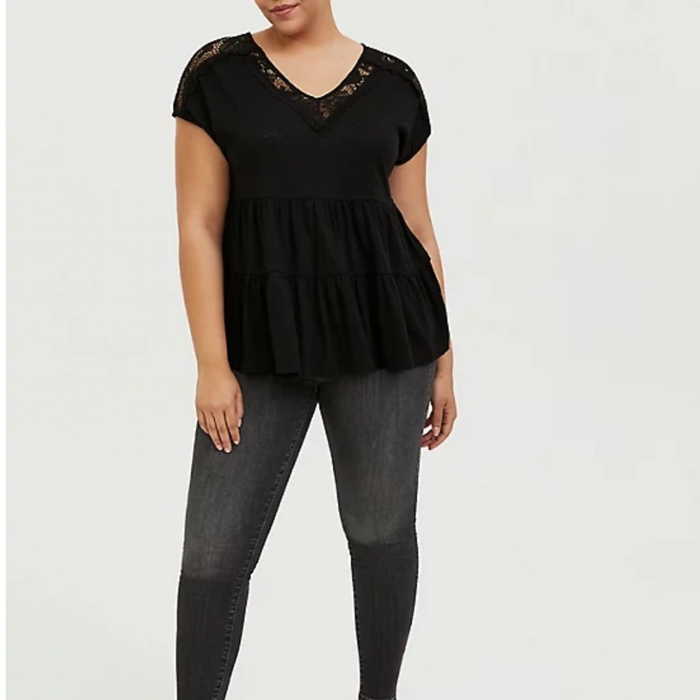 Black Slub Jersey & Crochet Shirred Babydoll Top
